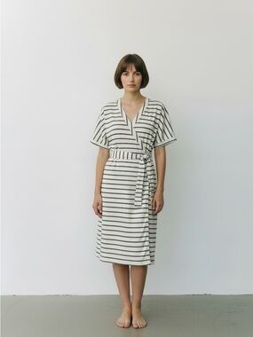 Rogan for Target Linen Cream and Black Striped Wrap Midi Dress. Preloved Sz Sm